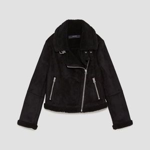 Zara faux suede shearling jacket in black